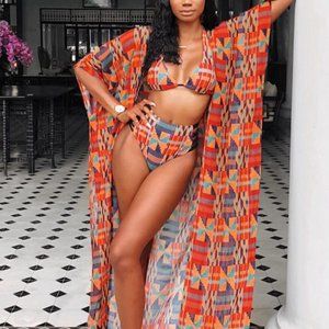 3 Pack Allover Geo Print Bikini Set with Kimono